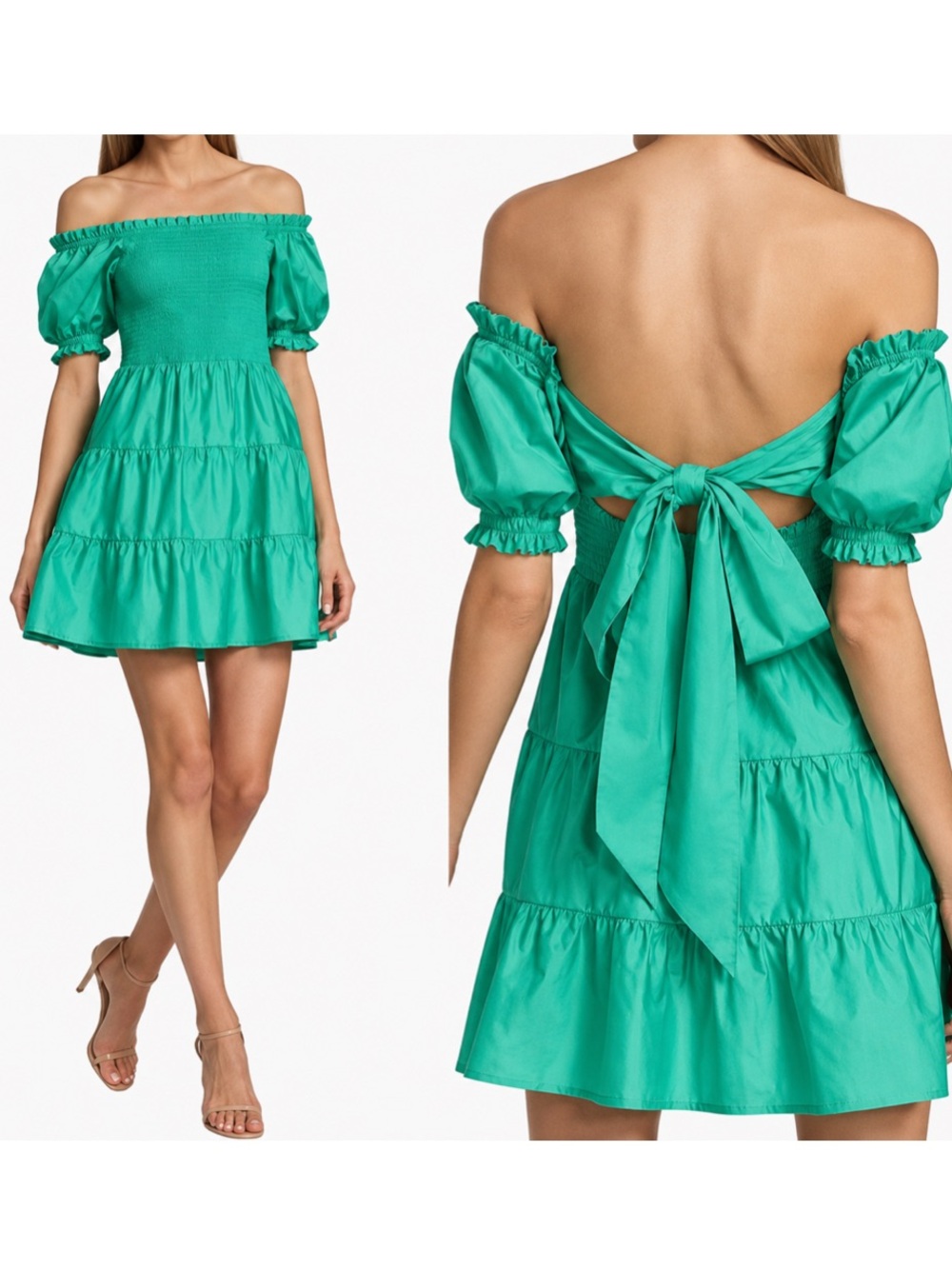 Alice+Olivia Elizabeth Off-Shoulder Bow-Back Mini Dress Preppy Jade Green Sz 0
